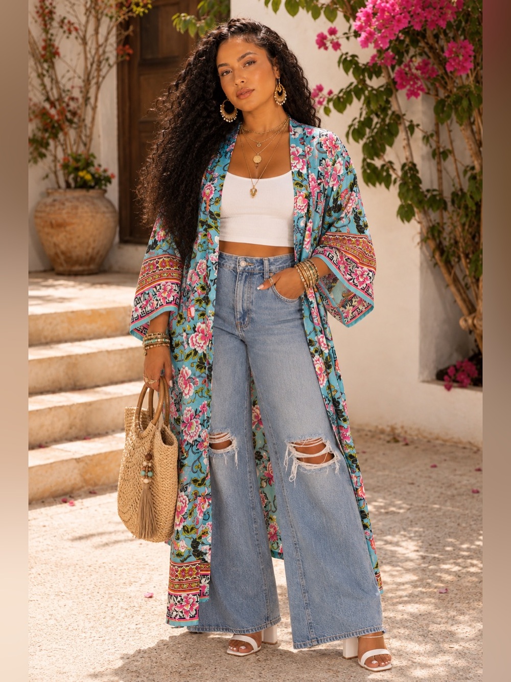 Natori Floral Beach Kimono - Turquoise Pink